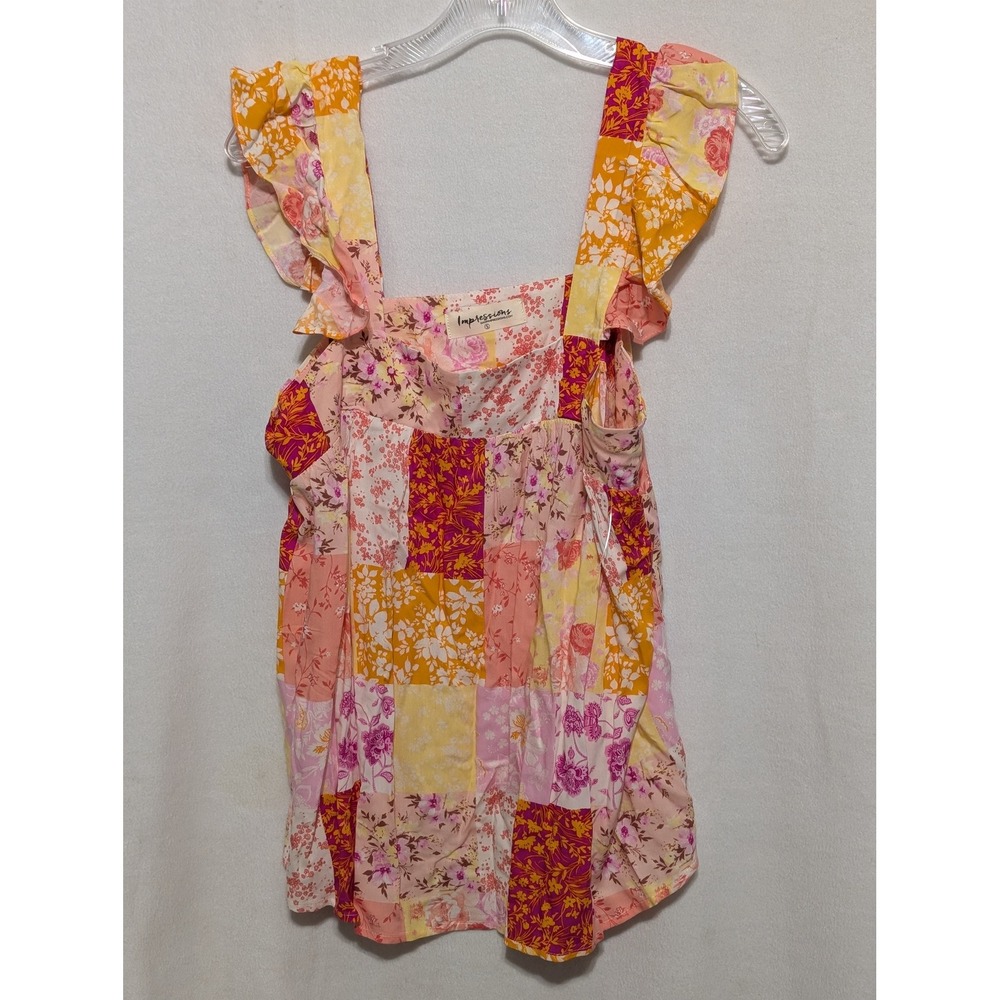 Impressions Womens Floral Patchwork Ruffle Strap Square Neck Babydoll Top Small